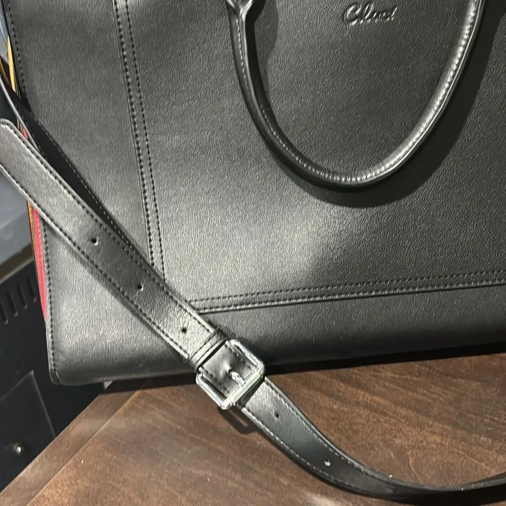 Claci Black Leather Accordion Color Side Tote Business Briefcase Bag